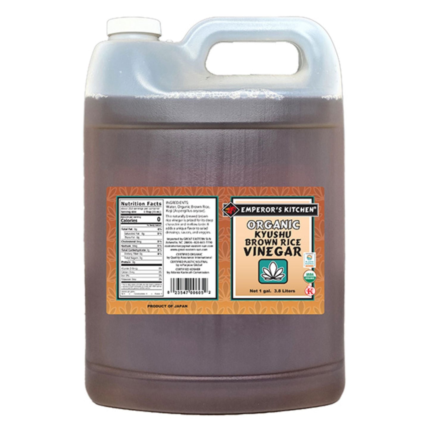BROWN RICE VINEGAR, KYUSHU BROWN RICE VINEGAR, USDA ORGANIC, KOSHER, VEGAN, PLASTIC NEUTRAL, EMPERORS KITCHEN BRAND, WHOLESALE, 1 GALLON