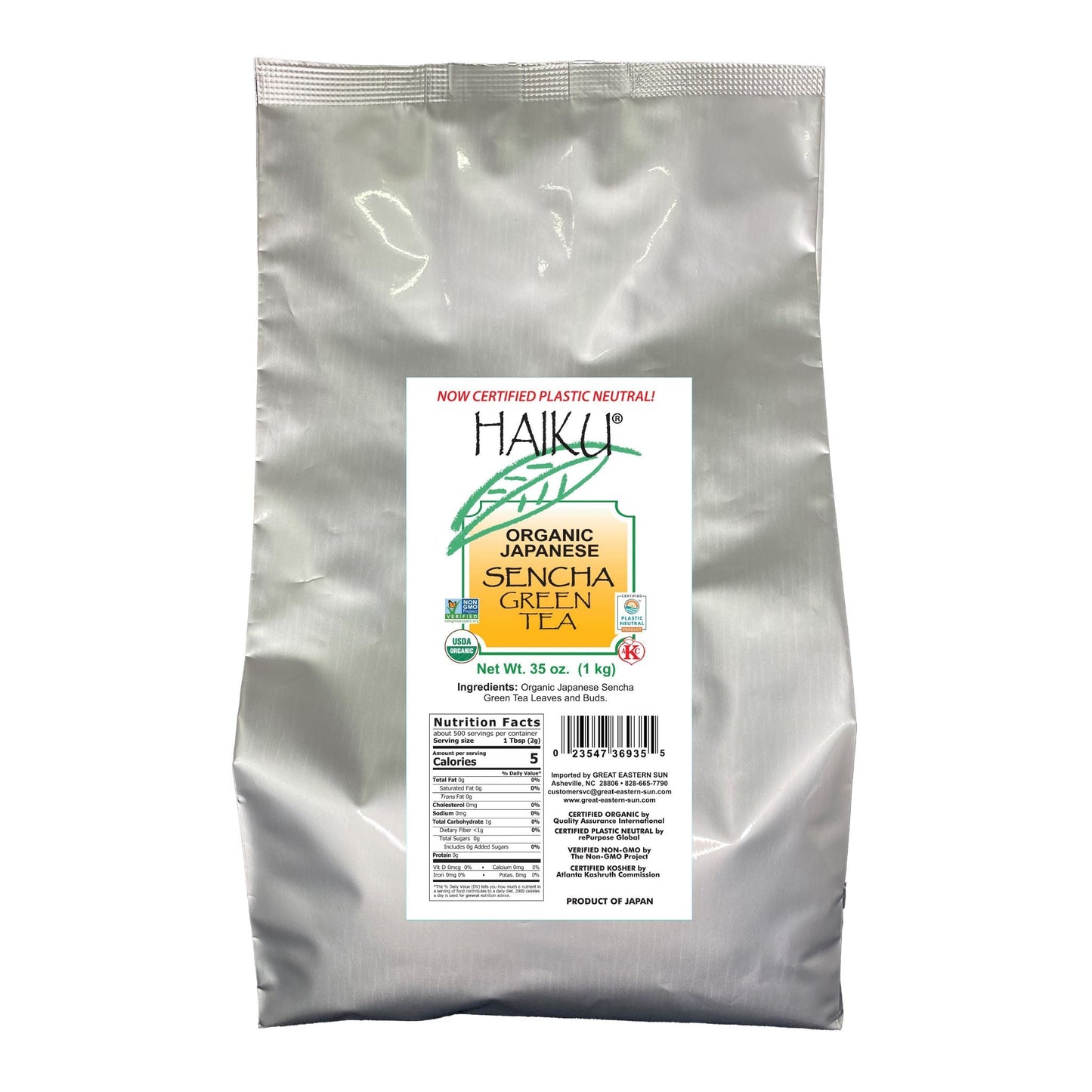 SENCHA GREEN TEA, LOOSE TEA, USDA ORGANIC, KOSHER, NON-GMO, VEGAN, PLASTIC NEUTRAL, HAIKU ORGANIC JAPANESE TEAS BRAND, WHOLESALE, 35 OZ BAG