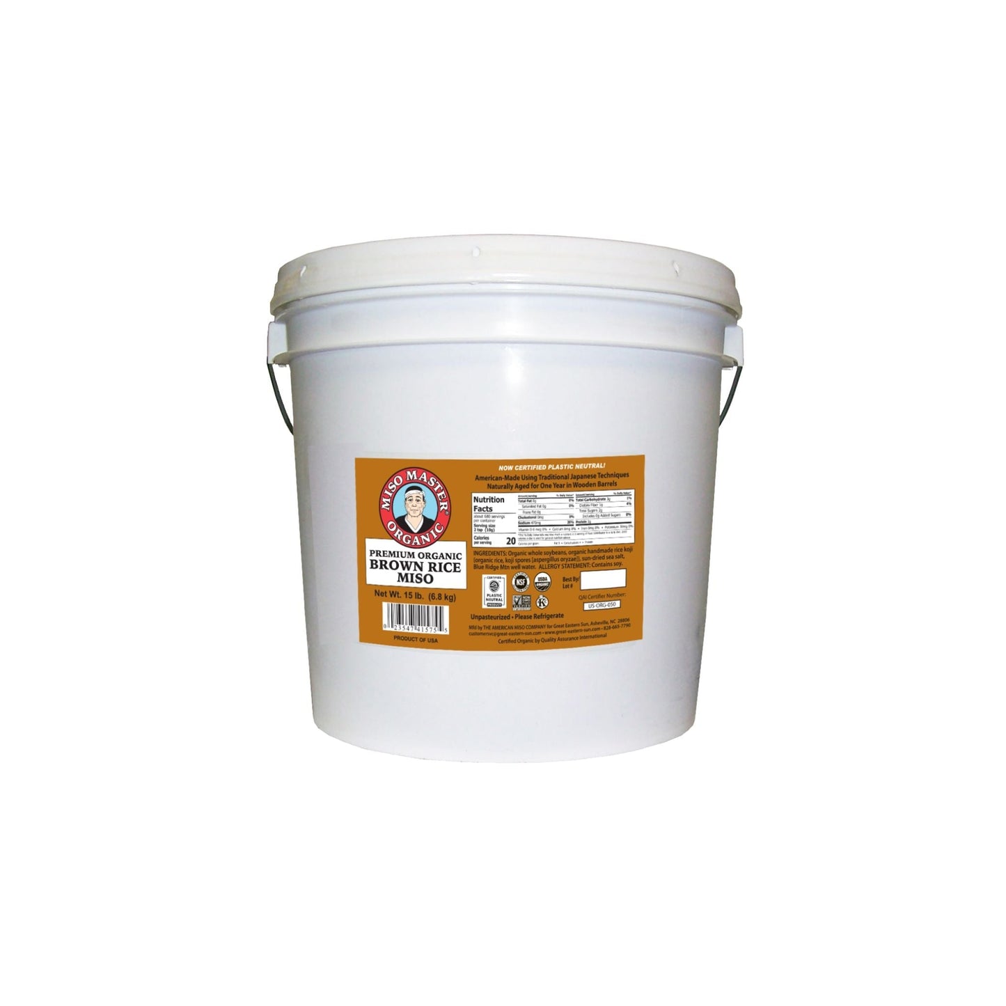 MISO, MISO PASTE, ORGANIC MISO, BROWN RICE MISO PASTE, USDA ORGANIC, KOSHER, VEGAN, NON GMO, NSF GLUTEN-FREE, PLASTIC NEUTRAL, MISO MASTER HANDCRAFTED MISO PASTE, WHOLESALE 15 LB BUCKET
