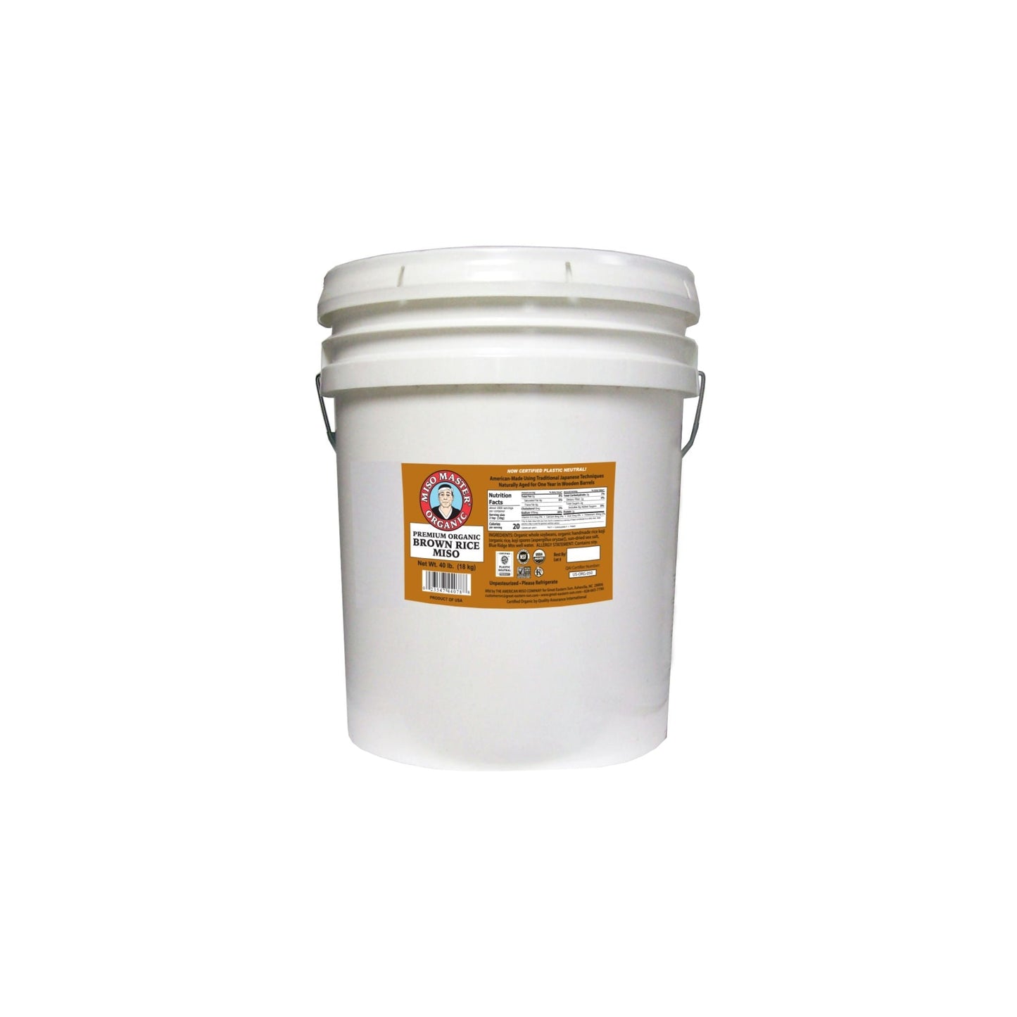 MISO, MISO PASTE, ORGANIC MISO, BROWN RICE MISO PASTE, USDA ORGANIC, KOSHER, VEGAN, NON GMO, NSF GLUTEN-FREE, PLASTIC NEUTRAL, MISO MASTER HANDCRAFTED MISO PASTE, WHOLESALE 40 LB BUCKET