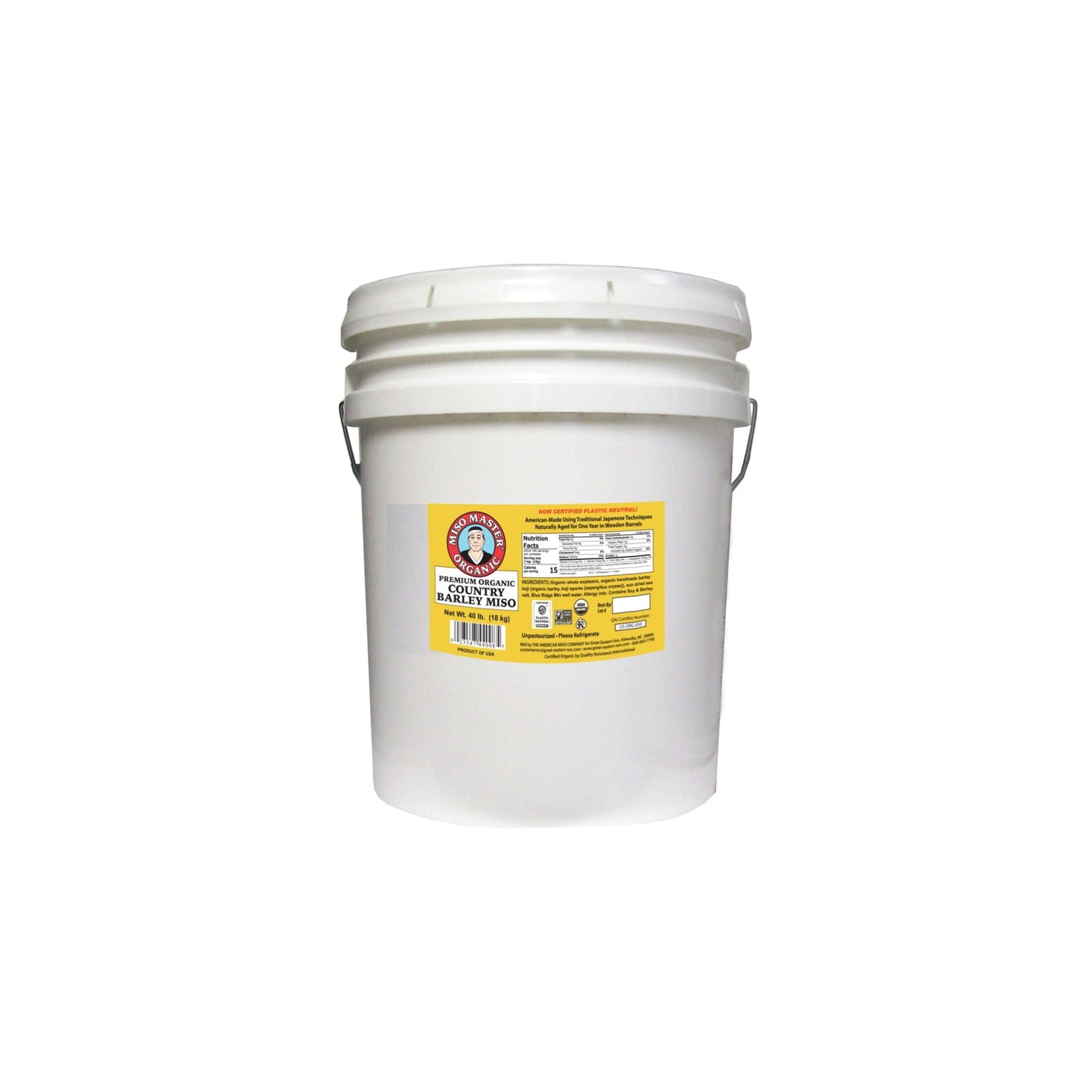 BARLEY MISO PASTE, USDA ORGANIC, KOSHER, VEGAN, NON GMO, PLASTIC NEUTRAL, MISO MASTER HANDCRAFTED MISO PASTE, WHOLESALE 40 LB BUCKET