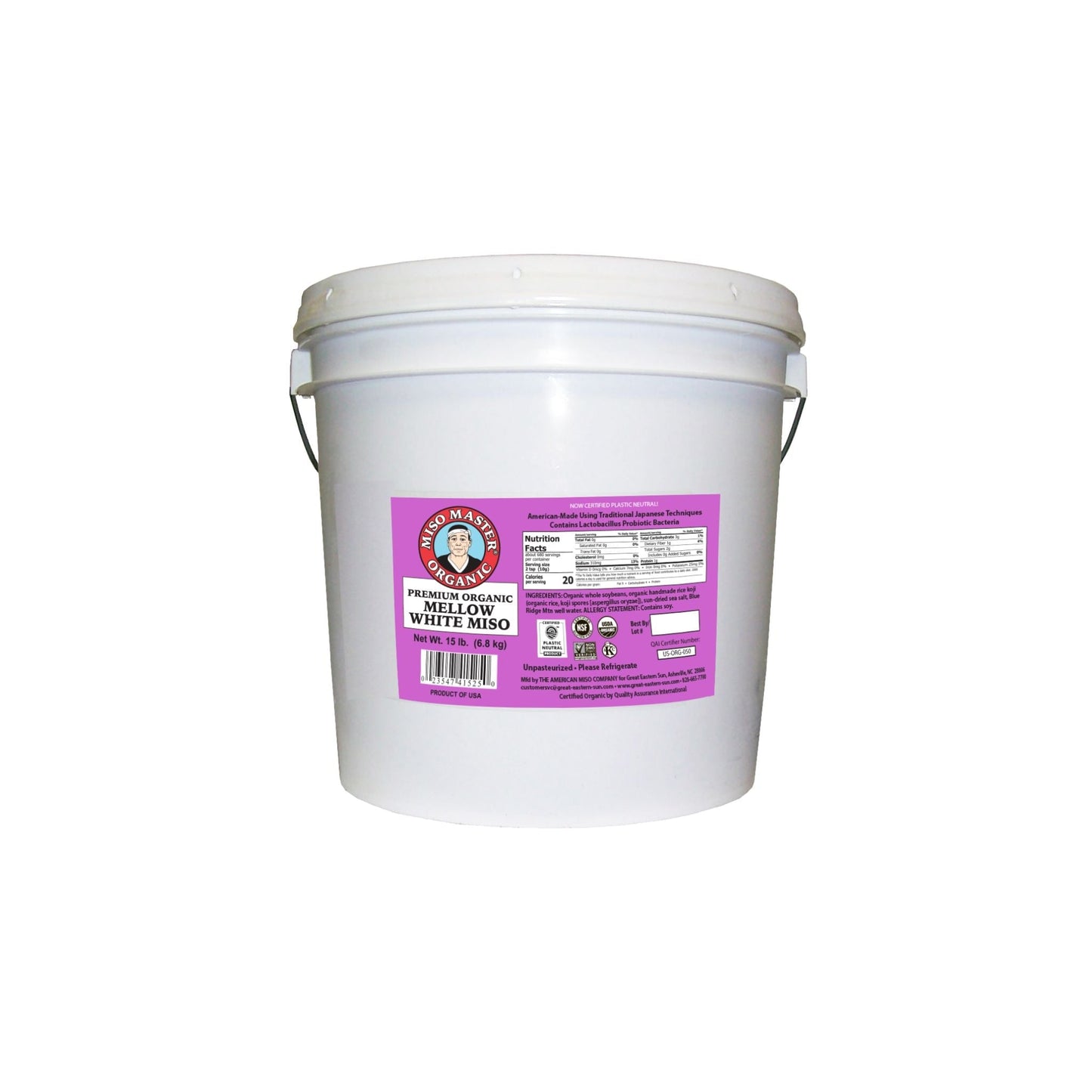 MISO, MISO PASTE, ORGANIC MISO, WHITE MISO, MELLOW WHITE MISO PASTE, USDA ORGANIC, NON-GMO, NSF GLUTEN-FREE, KOSHER, VEGAN, PLASTIC NEUTRAL, MISO MASTER HANDCRAFTED ORGANIC MISO PASTE, WHOLESALE 15 LB BUCKET