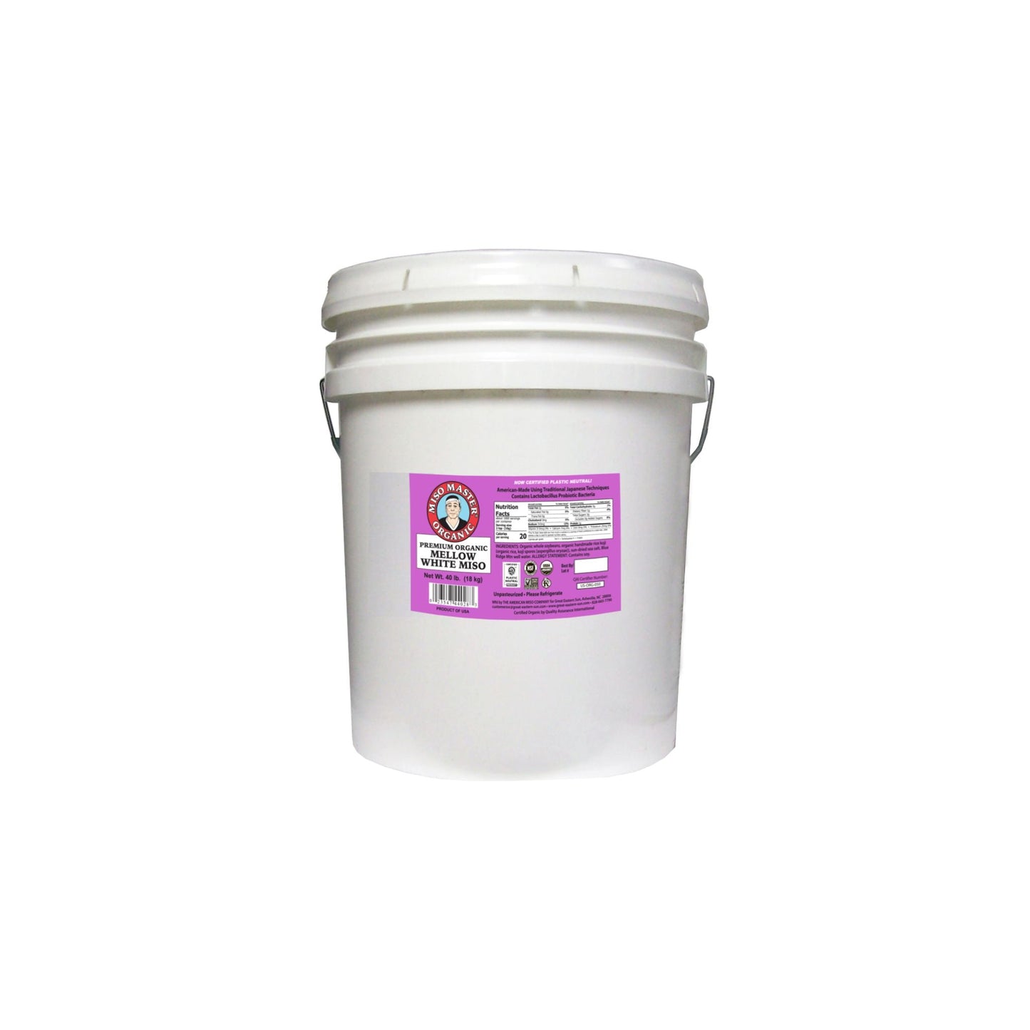 MISO, MISO PASTE, ORGANIC MISO, WHITE MISO, MELLOW WHITE MISO PASTE, USDA ORGANIC, NON-GMO, NSF GLUTEN-FREE, KOSHER, VEGAN, PLASTIC NEUTRAL, MISO MASTER HANDCRAFTED ORGANIC MISO PASTE, WHOLESALE 40 LBS