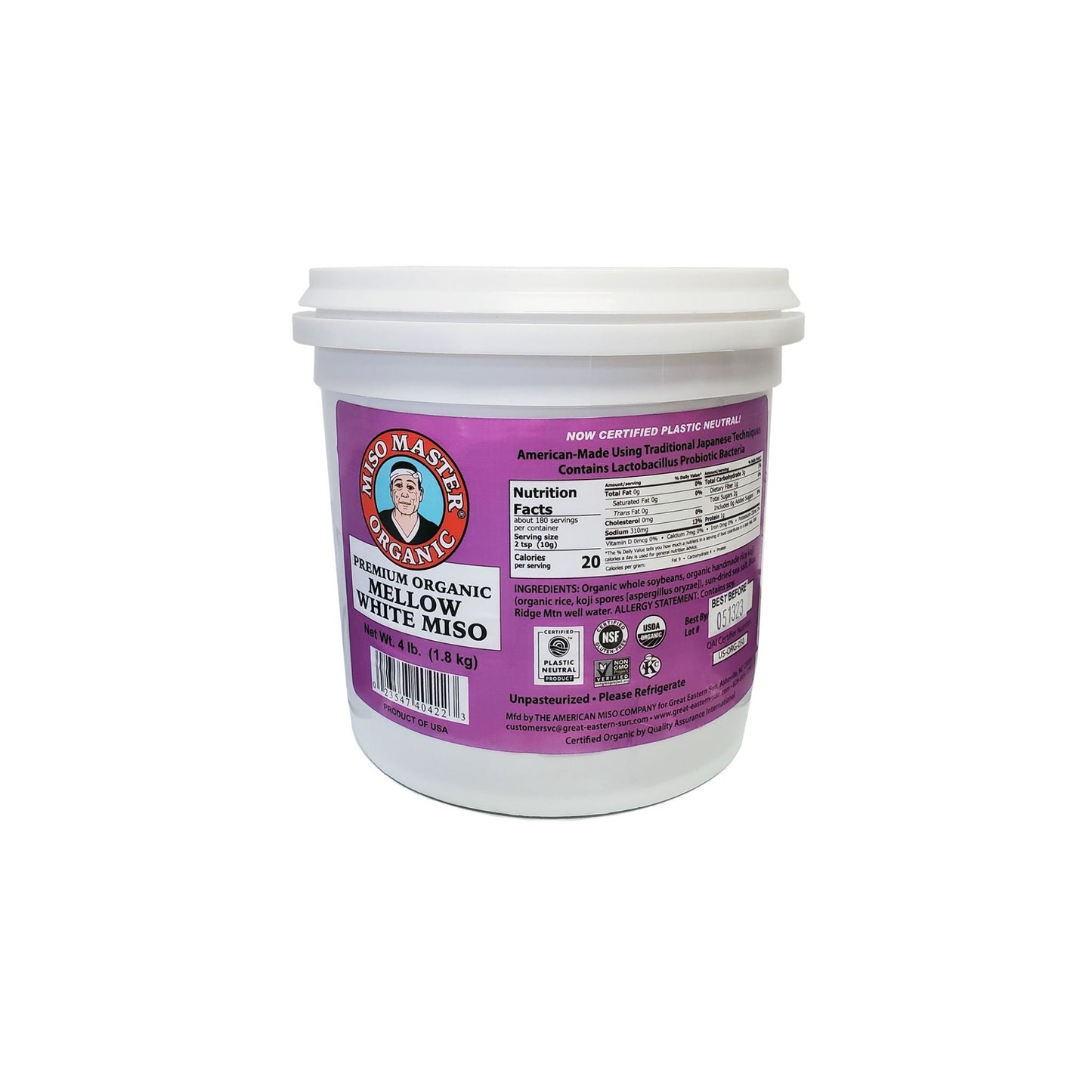 MISO, MISO PASTE, ORGANIC MISO, WHITE MISO, MELLOW WHITE MISO PASTE, USDA ORGANIC, NON-GMO, NSF GLUTEN-FREE, KOSHER, VEGAN, PLASTIC NEUTRAL, MISO MASTER HANDCRAFTED ORGANIC MISO PASTE, WHOLESALE 4 LB BUCKET - 3 PACK