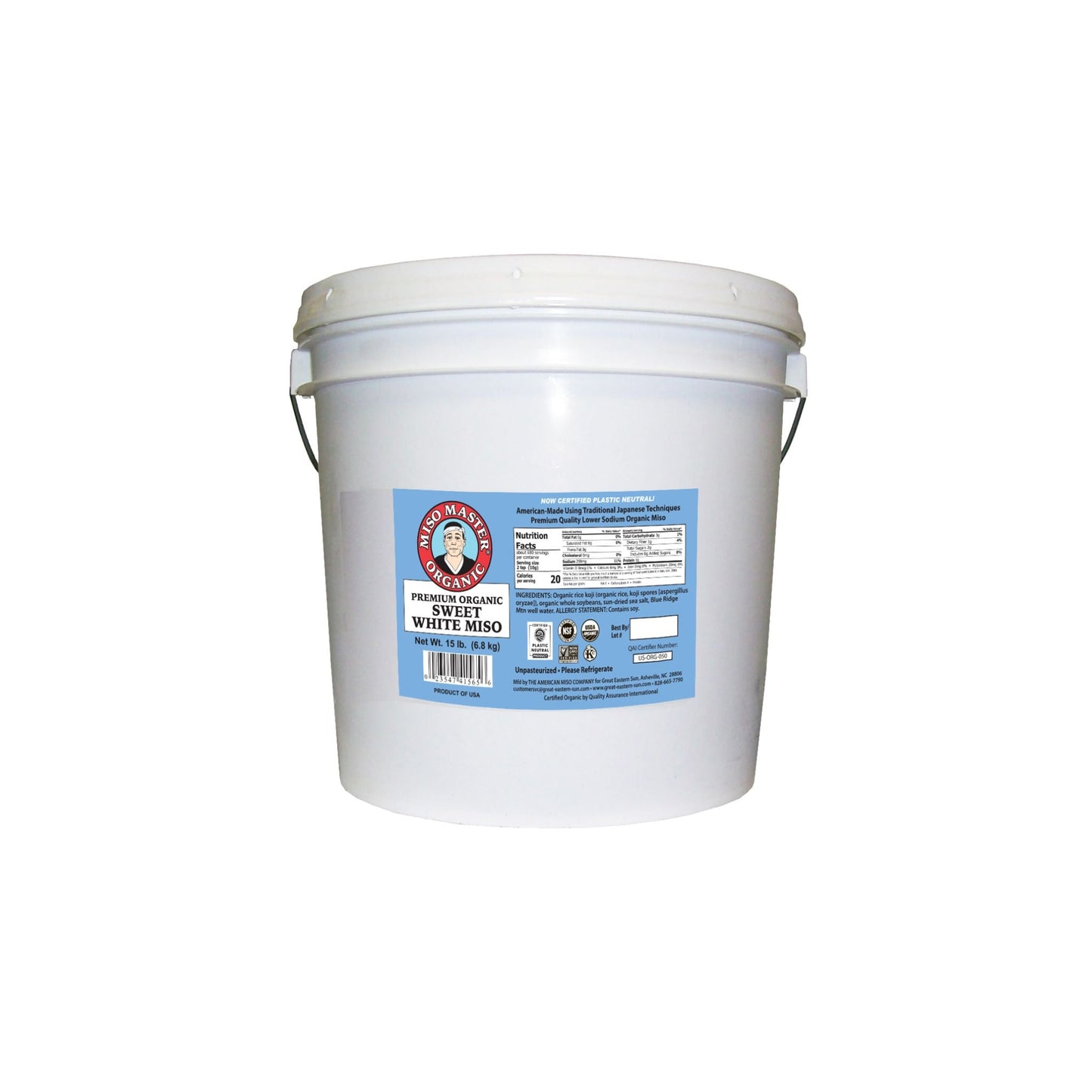 MISO, MISO PASTE, ORGANIC MISO, WHITE MISO, SWEET WHITE MISO PASTE, USDA ORGANIC, KOSHER, VEGAN, NON-GMO, NSF GLUTEN FREE, LOW SODIUM, PLASTIC NEUTRAL, MISO MASTER HANDCRAFTED MISO PASTE, WHOLESALE 15 LB BUCKET