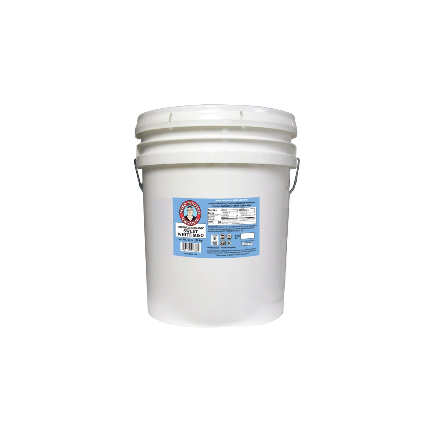 MISO, MISO PASTE, ORGANIC MISO, WHITE MISO, SWEET WHITE MISO PASTE, USDA ORGANIC, KOSHER, VEGAN, NON-GMO, NSF GLUTEN FREE, LOW SODIUM, PLASTIC NEUTRAL, MISO MASTER HANDCRAFTED MISO PASTE, WHOLESALE 40 LB BUCKET
