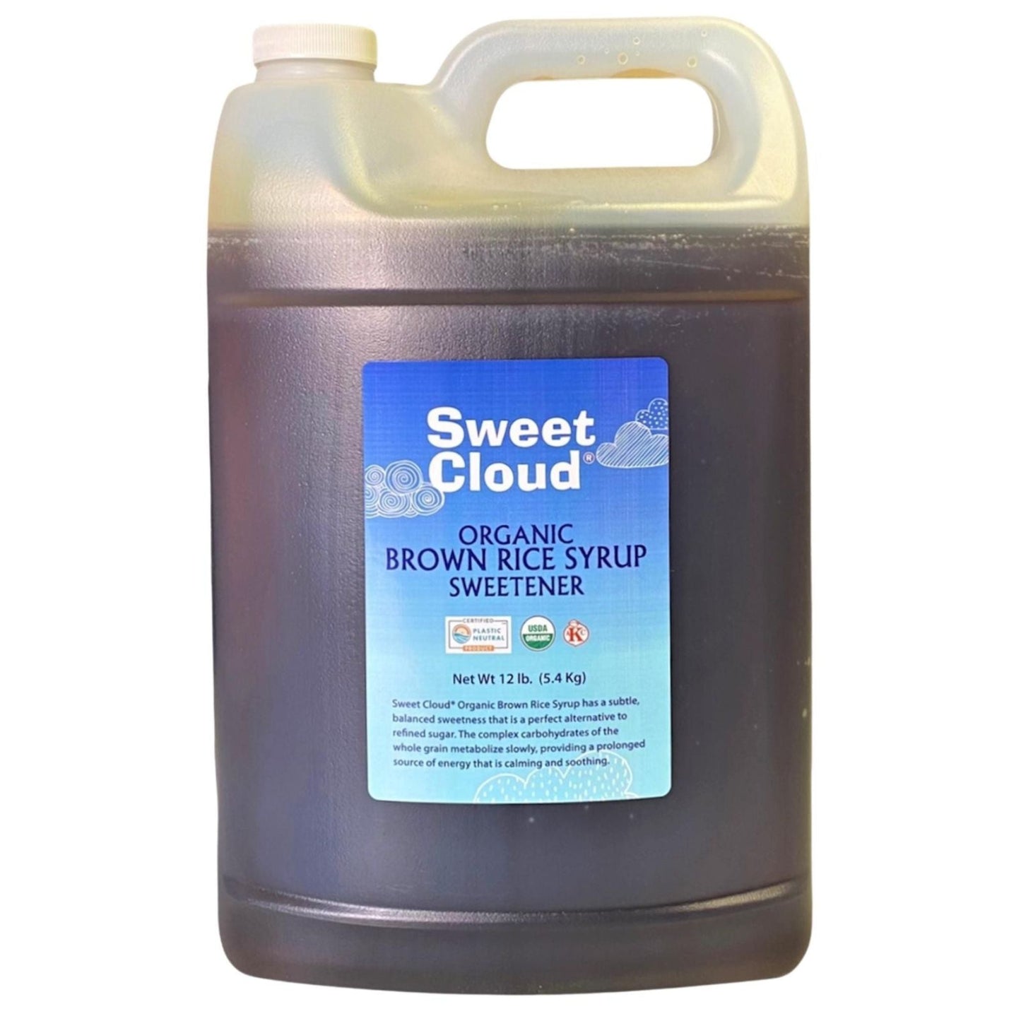 BROWN RICE SYRUP, USDA ORGANIC, KOSHER, VEGAN, PLASTIC NEUTRAL, SWEET CLOUD SWEETENERS BRAND, WHOLESALE, 12 LB JUG