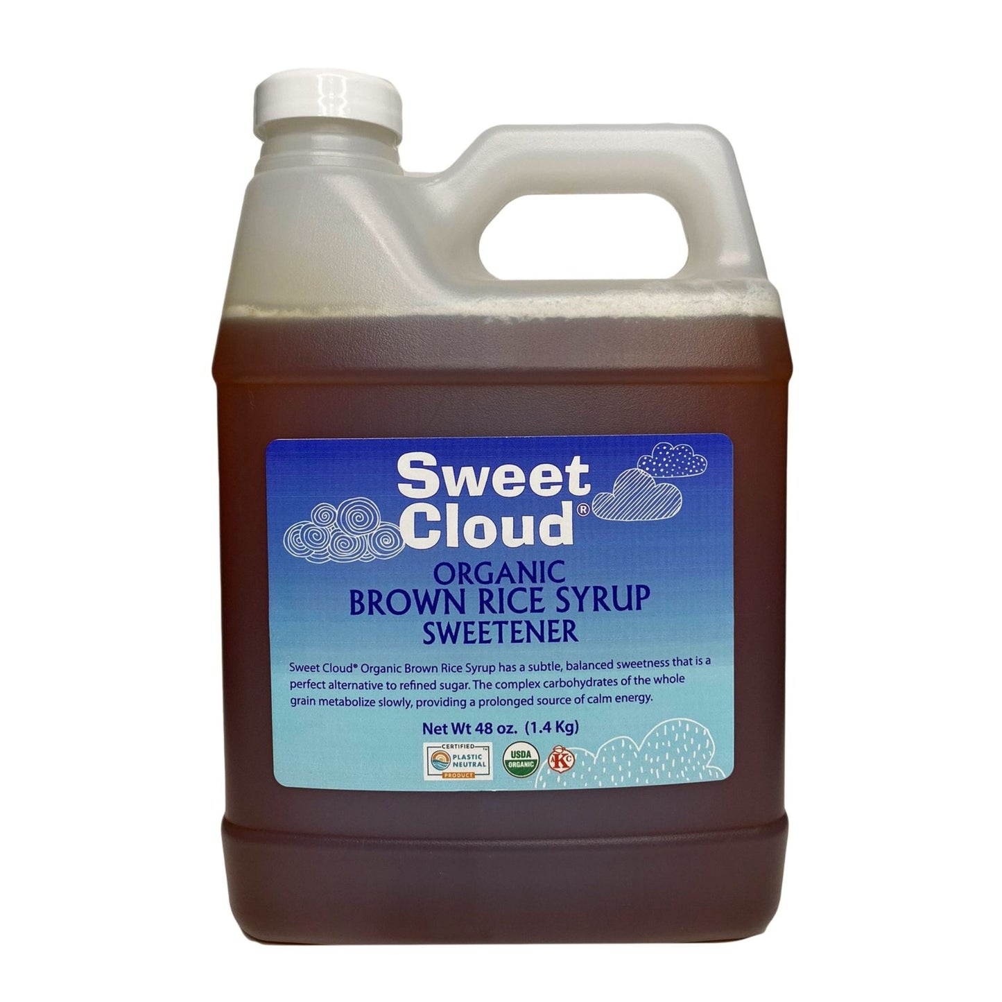 BROWN RICE SYRUP, USDA ORGANIC, KOSHER, VEGAN, PLASTIC NEUTRAL, SWEET CLOUD SWEETENERS BRAND, WHOLESALE, 48 OZ JUG