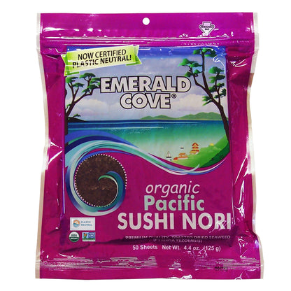 NORI, TOASTED, DRIED, EDIBLE SEAWEED, USDA ORGANIC, NON-GMO, VEGAN, PLASTIC NEUTRAL, EMERALD COVE SEAWEED BRAND, WHOLESALE, 4 PACK 50 SHEET BAGS