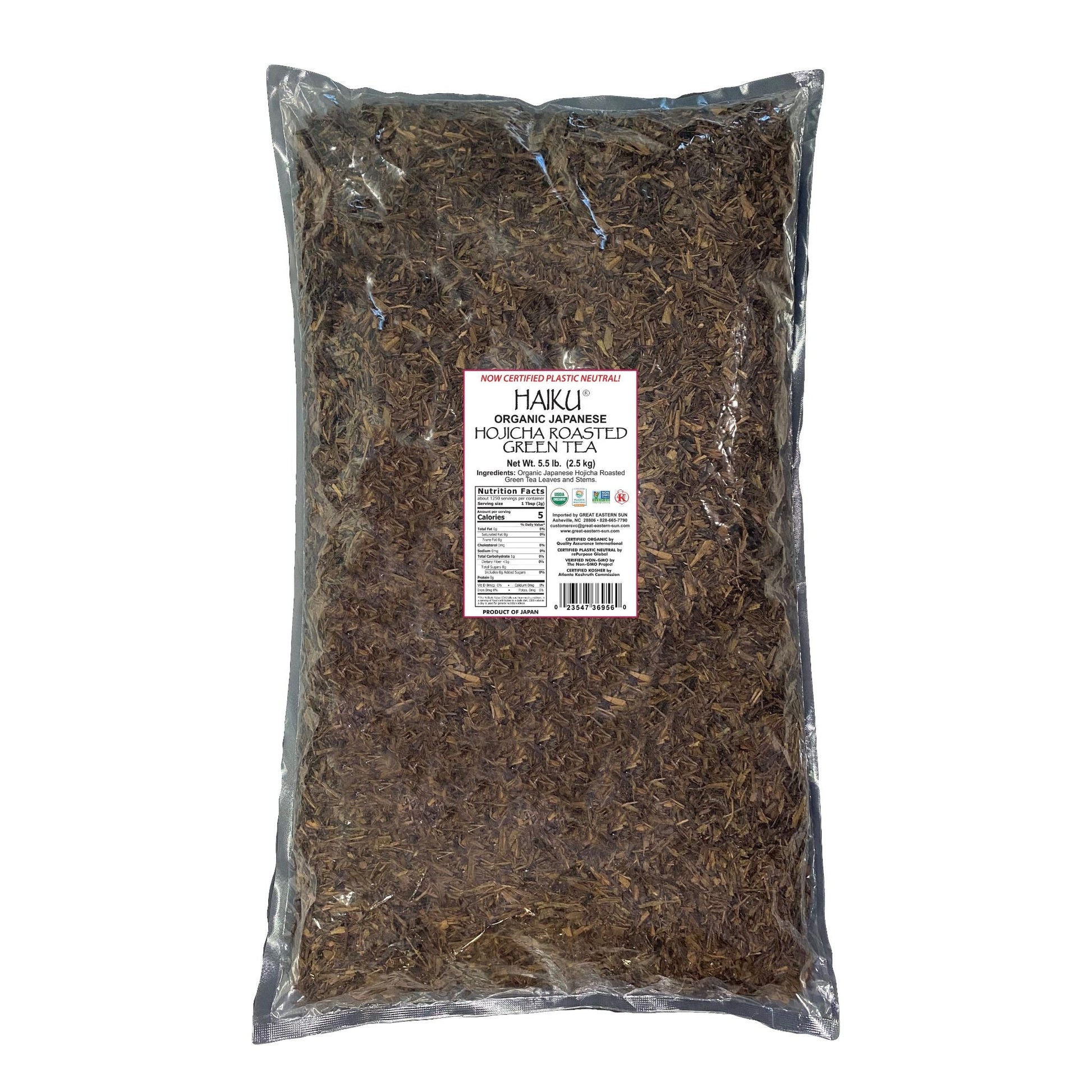 HOJICHA ROASTED GREEN TEA, LOOSE TEA, USDA ORGANIC, NON-GMO, KOSHER, VEGAN, PLASTIC NEUTRAL, HAIKU ORGANIC JAPANESE TEAS BRAND, WHOLESALE, 5.5 LB BAG