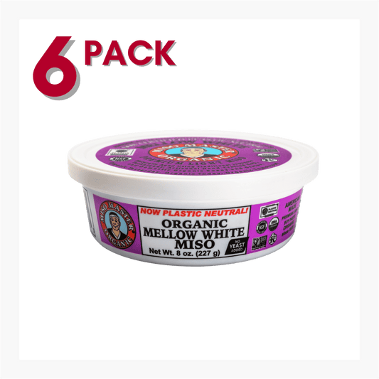 MISO, MISO PASTE, ORGANIC MISO, WHITE MISO, MELLOW WHITE MISO PASTE, USDA ORGANIC, NON-GMO, NSF GLUTEN-FREE, KOSHER, VEGAN, PLASTIC NEUTRAL, MISO MASTER HANDCRAFTED ORGANIC MISO PASTE, WHOLESALE 8 OZ 6 PACK