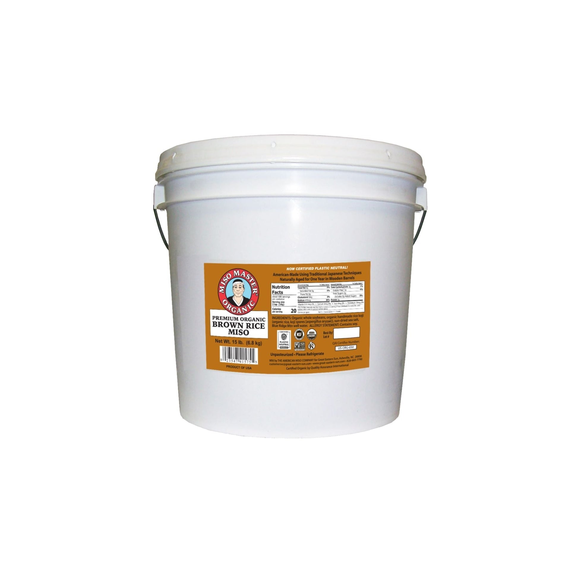 MISO, MISO PASTE, ORGANIC MISO, BROWN RICE MISO PASTE, USDA ORGANIC, KOSHER, VEGAN, NON GMO, NSF GLUTEN-FREE, PLASTIC NEUTRAL, MISO MASTER HANDCRAFTED MISO PASTE, WHOLESALE 15 LB BUCKET