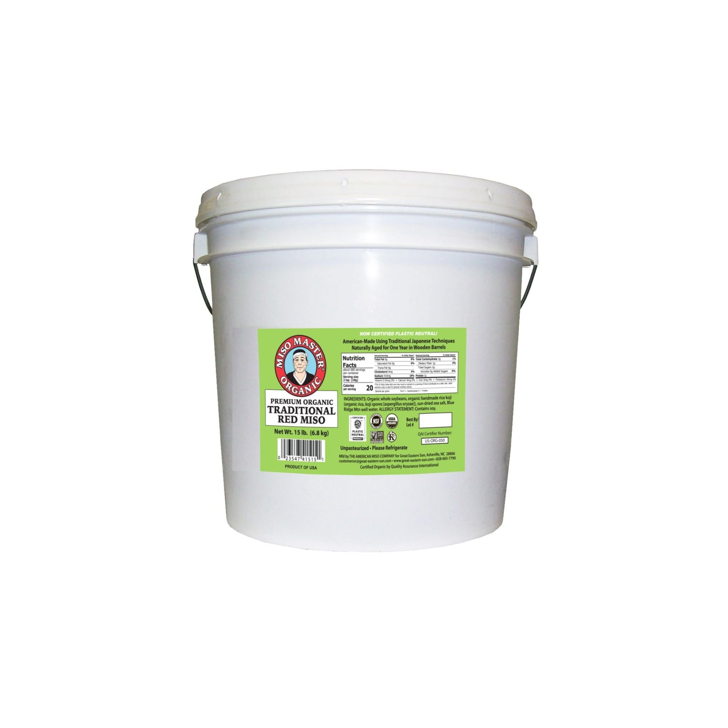 MISO, MISO PASTE, ORGANIC MISO, RED MISO PASTE, USDA ORGANIC, KOSHER, VEGAN, NON-GMO, NSF GLUTEN FREE, PLASTIC NEUTRAL, MISO MASTER HANDCRAFTED MISO PASTE, WHOLESALE, 15 LB BUCKET