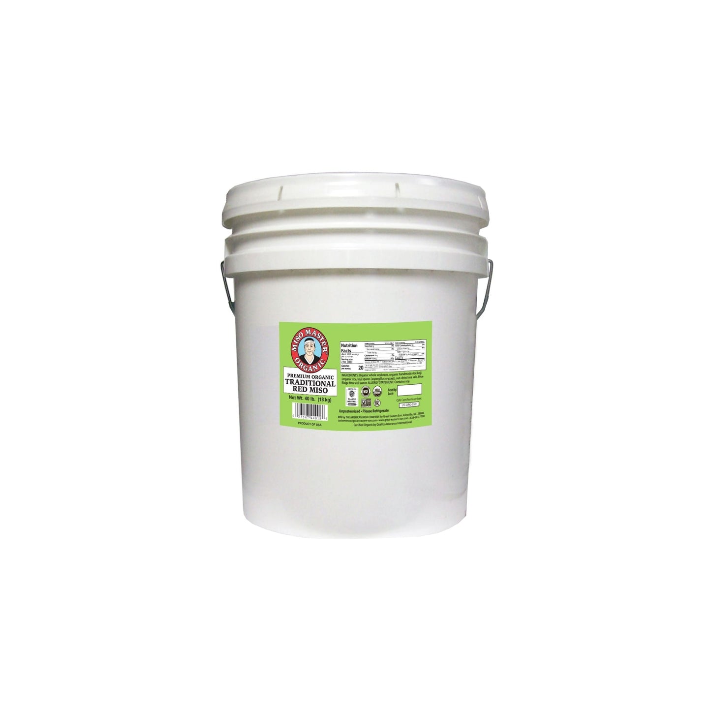 MISO, MISO PASTE, ORGANIC MISO, RED MISO PASTE, USDA ORGANIC, KOSHER, VEGAN, NON-GMO, NSF GLUTEN FREE, PLASTIC NEUTRAL, MISO MASTER HANDCRAFTED MISO PASTE, WHOLESALE, 40 LB BUCKET