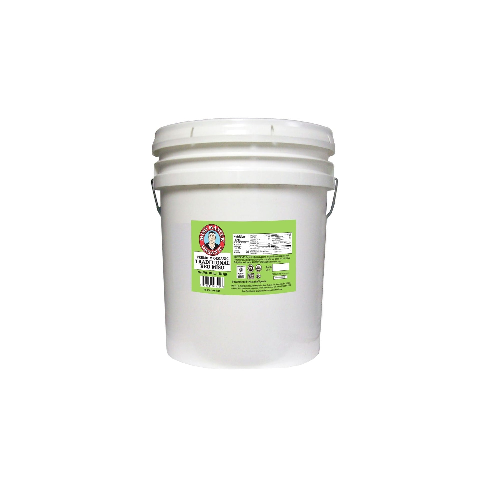 MISO, MISO PASTE, ORGANIC MISO, RED MISO PASTE, USDA ORGANIC, KOSHER, VEGAN, NON-GMO, NSF GLUTEN FREE, PLASTIC NEUTRAL, MISO MASTER HANDCRAFTED MISO PASTE, WHOLESALE, 40 LB BUCKET
