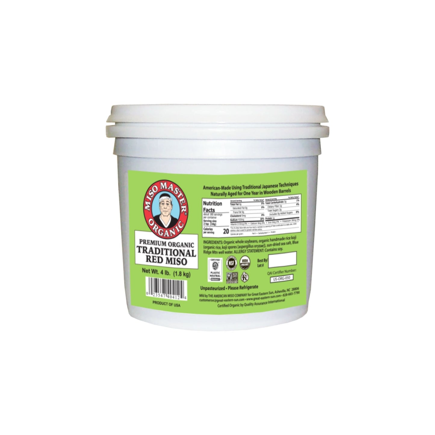 MISO, MISO PASTE, ORGANIC MISO, RED MISO PASTE, USDA ORGANIC, KOSHER, VEGAN, NON-GMO, NSF GLUTEN FREE, PLASTIC NEUTRAL, MISO MASTER HANDCRAFTED MISO PASTE, WHOLESALE 4 LBS 6 PACK