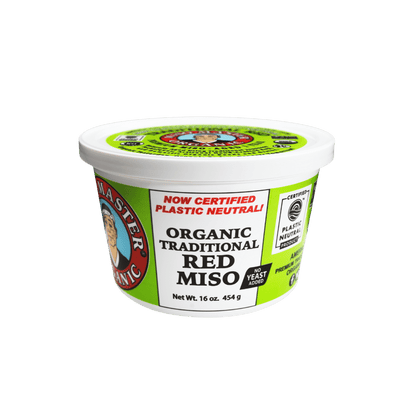 MISO, MISO PASTE, ORGANIC MISO, RED MISO PASTE, USDA ORGANIC, KOSHER, VEGAN, NON-GMO, NSF GLUTEN FREE, PLASTIC NEUTRAL, MISO MASTER HANDCRAFTED MISO PASTE, WHOLESALE 16 OZ 6 PACK