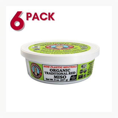 MISO, MISO PASTE, ORGANIC MISO, RED MISO PASTE, USDA ORGANIC, KOSHER, VEGAN, NON-GMO, NSF GLUTEN FREE, PLASTIC NEUTRAL, MISO MASTER HANDCRAFTED MISO PASTE, WHOLESALE 8OZ 6PACK