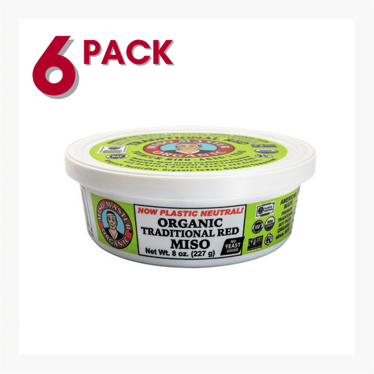 MISO, MISO PASTE, ORGANIC MISO, RED MISO PASTE, USDA ORGANIC, KOSHER, VEGAN, NON-GMO, NSF GLUTEN FREE, PLASTIC NEUTRAL, MISO MASTER HANDCRAFTED MISO PASTE, WHOLESALE 8OZ 6PACK