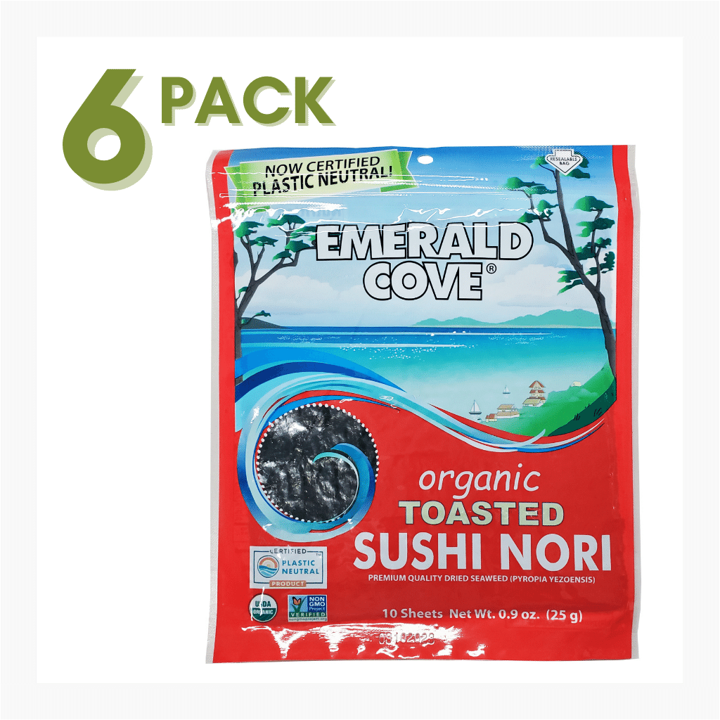 NORI, ORGANIC, TOASTED SUSHI NORI, SEAWEED, EMERALD COVE WHOLESALE, DRIED EDIBLE SEAWEED, 10 SHEETS - 6 PACK