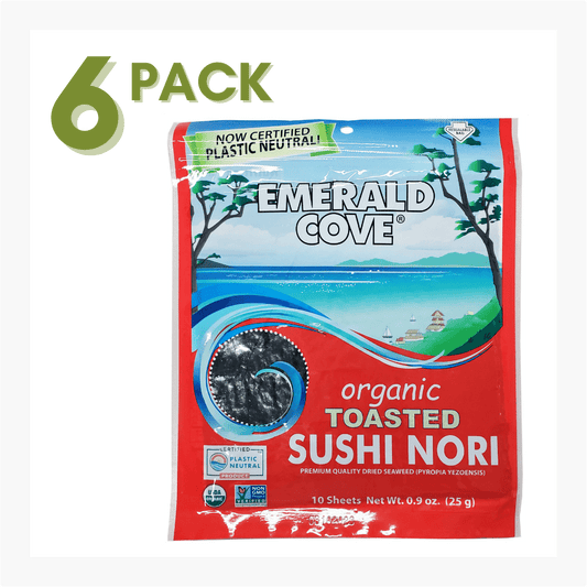 NORI, ORGANIC, TOASTED SUSHI NORI, SEAWEED, EMERALD COVE WHOLESALE, DRIED EDIBLE SEAWEED, 10 SHEETS - 6 PACK